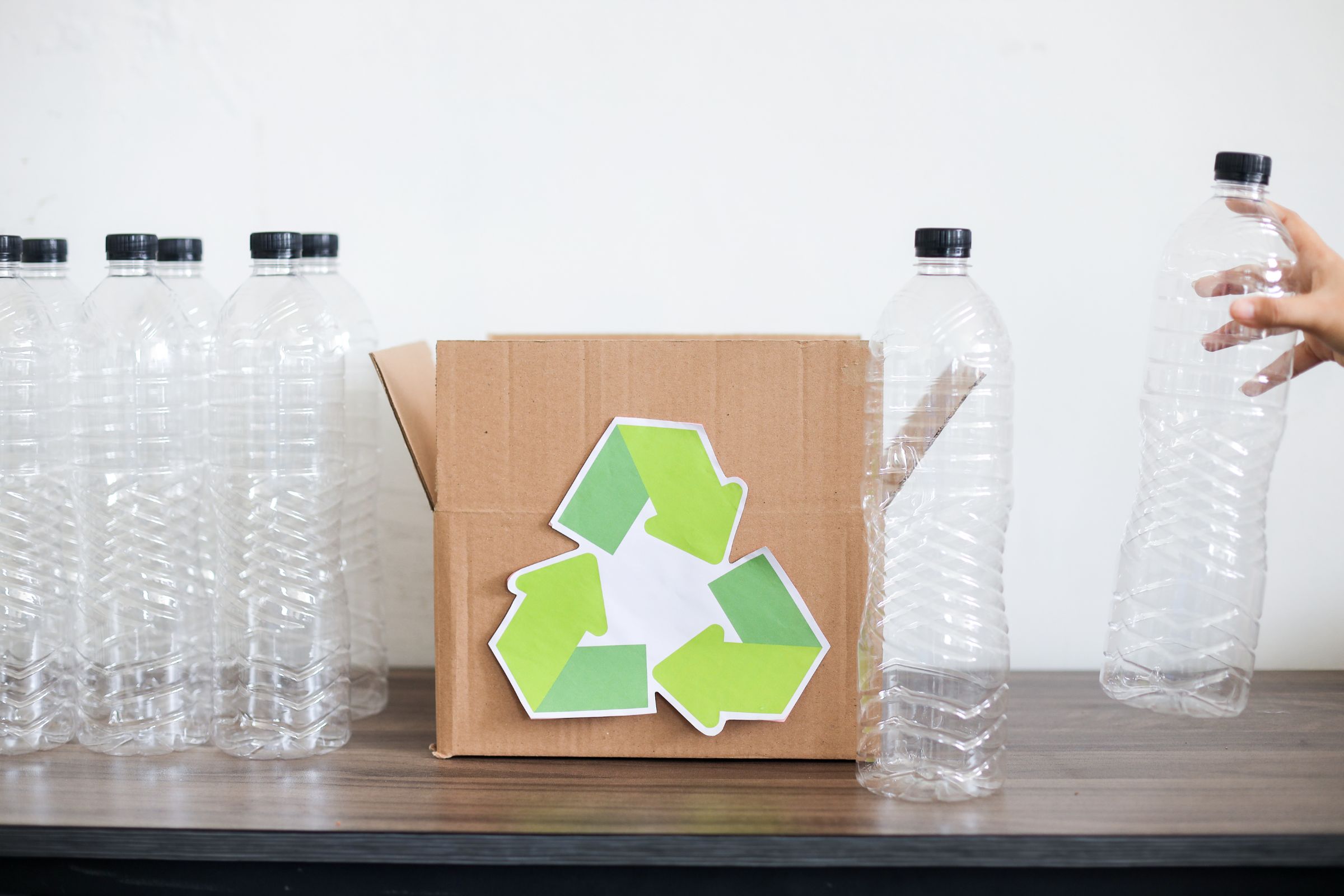 recycling water bottles into a cardboard box